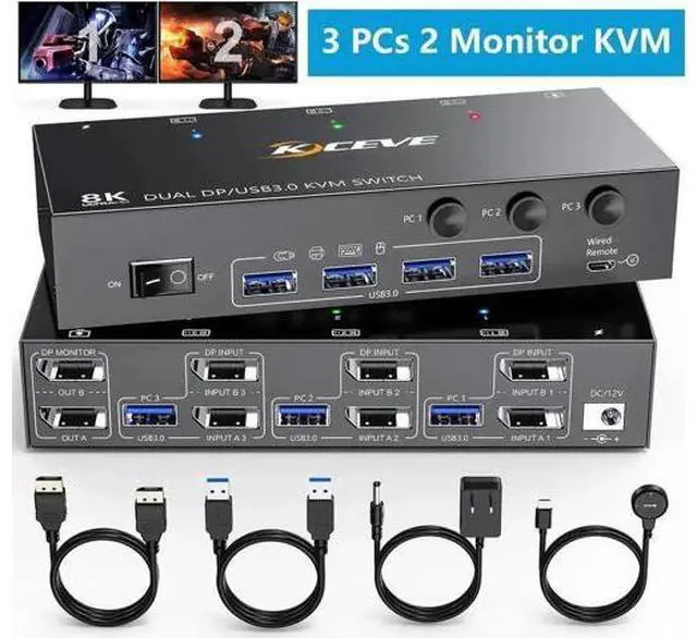 Main image of 3-Port Dual DP KVM Switch, 8K@30Hz 4K@60Hz, USB3.0, Wired Remote Included