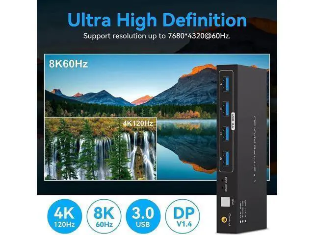 Alt view image 7 of 7 - 2 Port DP 1.4 KVM Switch 8K@60Hz, 4-Port USB 3.0 Hub, Wired Controller for 2 DP Devices Share One Set of Monitor & USB Peripherals