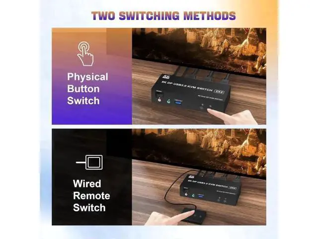 Alt view image 3 of 7 - 2 Port DP 1.4 Dual Monitor USB 3.0 KVM Switch 8K@60Hz, Audio & Microphone Ports, 3 USB3.0 Ports, Wired Remote & 2 USB Cables Included for 2 PCs