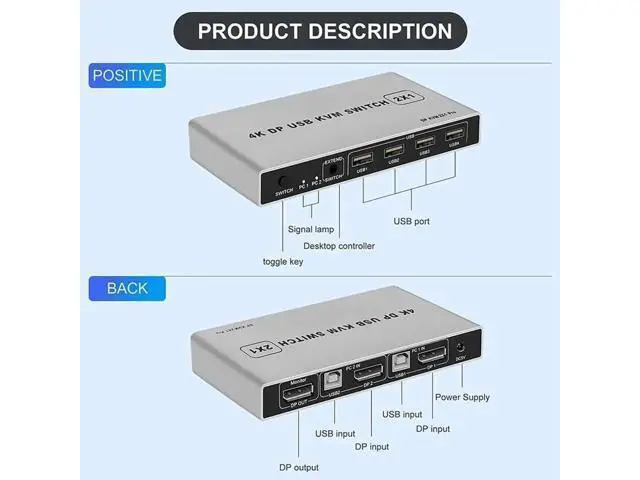 Alt view image 4 of 6 - 2 Port 2 In 1 Out DP 1.4 KVM Switch 8K@60Hz / 4K@60Hz, Built-in USB Hub for Keyboard Mouse Printer, USB Power Cable Included