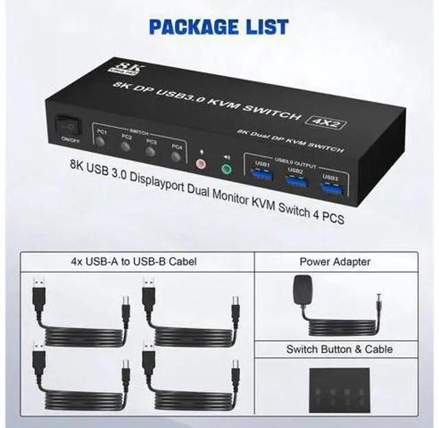 Alt view image 7 of 7 - 4-Port Dual Monitor DP USB3.0 KVM Switch 8K@60Hz, 4 PCs Share 2 Displays, Audio Output & 3 USB3.0 Ports