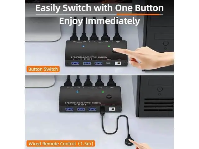 Alt view image 2 of 7 - 2 Port HDMI 2.1 USB3.0 KVM Switch 8K@60Hz/4K@120Hz, HDCP 2.3 & HDR10, With Wired Remote, 12V Power Adapter & 2 USB3.0 Cables for 2 PCs Sharing 1 Monitor & 3 USB Devices
