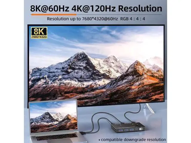 Alt view image 4 of 7 - 2 Port HDMI 2.1 USB3.0 KVM Switch 8K@60Hz/4K@120Hz, HDCP 2.3 & HDR10, With Wired Remote, 12V Power Adapter & 2 USB3.0 Cables for 2 PCs Sharing 1 Monitor & 3 USB Devices