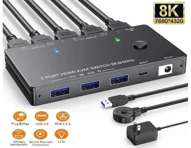 Main image of 2 Port HDMI 2.1 USB3.0 KVM Switch 8K@60Hz/4K@120Hz, HDCP 2.3 & HDR10, With Wired Remote, 12V Power Adapter & 2 USB3.0 Cables for 2 PCs Sharing 1 Monitor & 3 USB Devices