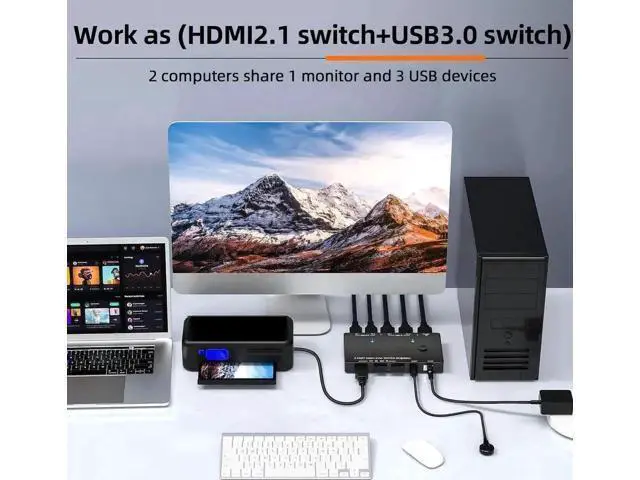 Alt view image 3 of 7 - 2 Port HDMI 2.1 USB3.0 KVM Switch 8K@60Hz/4K@120Hz, HDCP 2.3 & HDR10, With Wired Remote, 12V Power Adapter & 2 USB3.0 Cables for 2 PCs Sharing 1 Monitor & 3 USB Devices