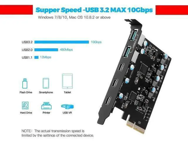 Alt view image 6 of 6 - PCIe X4 USB 3.2 Gen2 Expansion Card, 5-Port 10Gbps PCIe 3.0/4.0 Adapter (3×USB-C + 2×USB-A) Internal PCI Express USB Hub, Full-Profile Bracket Compatible Windows 7/8/10, Linux & macOS 10.8.2+
