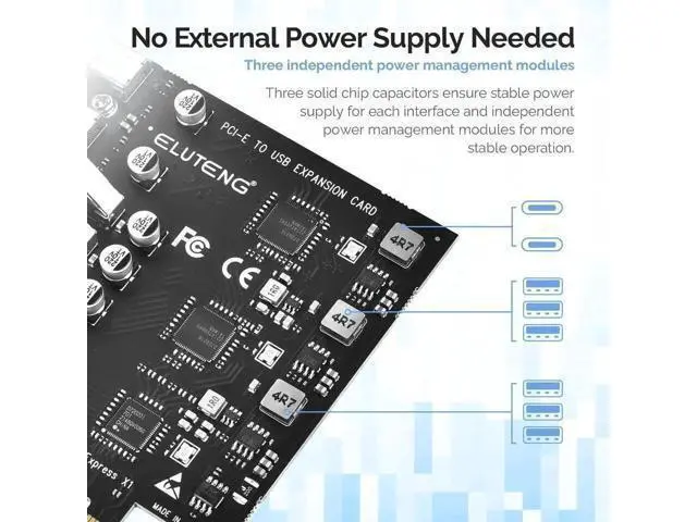 Alt view image 2 of 6 - 8-Port PCIe USB 3.2 Gen2 Expansion Card, PCI Express USB Hub Controller Adapter (6×USB-A + 2×USB-C) with 3 Independent Power Modules, 10Gbps Superspeed