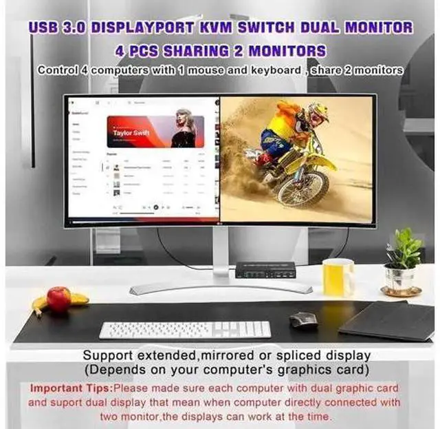 Alt view image 4 of 7 - 4 Port Dual DP USB3.0 KVM Switch, 4K@60Hz Dual Monitor DisplayPort KVM Switcher with Audio Mic & 3 USB 3.0 Ports for 4 PCs Share 2 Displays Keyboard Mouse