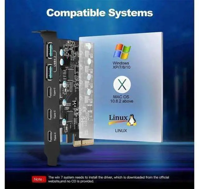 Alt view image 6 of 7 - PCIe USB 3.2 Gen2 Expansion Card, 5-Port 10Gbps Super Speed PCI Express Hub Adapter (3×USB-C + 2×USB-A), Compatible Windows XP/Vista/7/8/10/11