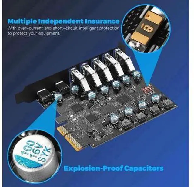 Alt view image 2 of 7 - PCIe X1 USB 3.2 Gen2 Expansion Card, 7-Port 10Gbps PCI Express Hub Adapter (2×USB-C + 5×USB-A) for Desktop PC