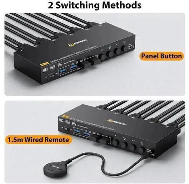 Alt view image 3 of 7 - 4-Port HDMI+DP Dual Monitor KVM Switch, 8K@60Hz 4K@144Hz, USB3.0, Wired Remote Included