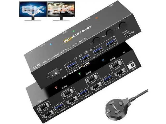 Main image of 3-Port Dual DP KVM Switch 8K@60Hz, USB3.0, Wired Remote Included