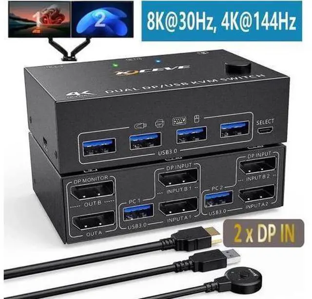 Main image of 2 Port Dual Monitor DP KVM Switch DP1.4, 8K@30Hz 4K@144Hz USB3.0 KVM Switcher 2 In 2 Out with 4 USB 3.0 Ports, Wired Remote & 4 Pack Cables Included for 2 PCs Share Two Displays