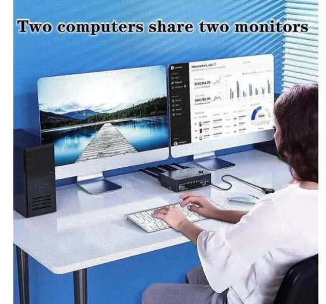 Alt view image 5 of 7 - 2 Port Dual Monitor DP KVM Switch DP1.4, 8K@30Hz 4K@144Hz USB3.0 KVM Switcher 2 In 2 Out with 4 USB 3.0 Ports, Wired Remote & 4 Pack Cables Included for 2 PCs Share Two Displays