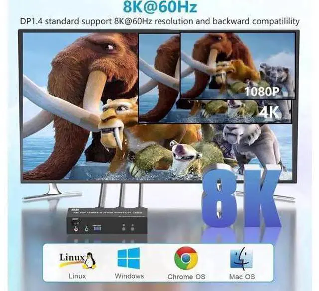 Alt view image 6 of 7 - 2 Port Dual Monitor DP 1.4 KVM Switch, 8K@60Hz 4K@144Hz USB3.0 KVM Switcher with Audio & Mic, 3 USB Ports for 2 PCs Share 2 Screens, Support Extend & Mirror Display