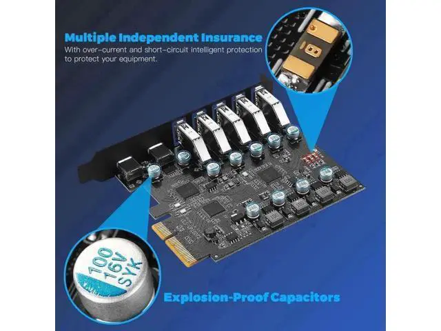 Alt view image 2 of 7 - 7-Port PCIe USB 3.2 Expansion Card, PCI Express Hub Adapter (2×USB-C + 5×USB-A) 10Gbps for Desktop PC, Compatible Windows XP/7/8/10 & macOS 10.8.2+