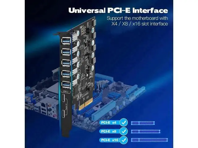 Alt view image 7 of 7 - 7-Port PCIe USB 3.2 Expansion Card, PCI Express Hub Adapter (2×USB-C + 5×USB-A) 10Gbps for Desktop PC, Compatible Windows XP/7/8/10 & macOS 10.8.2+