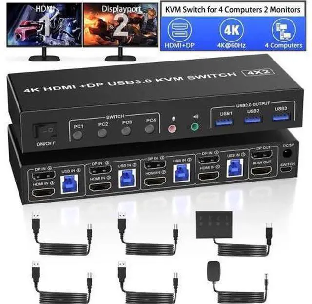 Main image of 4-Port HDMI+DP Dual Monitor KVM Switch 4K@60Hz, USB3.0, Audio & Mic, 3 USB Ports