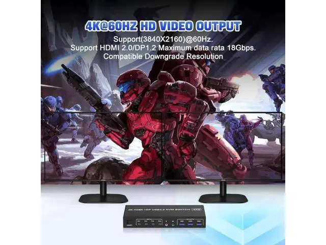Alt view image 5 of 7 - 4-Port HDMI+DP Dual Monitor KVM Switch 4K@60Hz, USB3.0, Audio & Mic, 3 USB Ports
