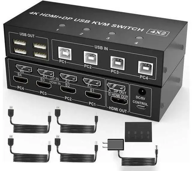 Main image of 4-Port HDMI+DP Dual Monitor KVM Switch, 4K@60Hz UHD, 4 USB2.0 Ports