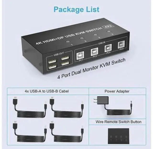 Alt view image 6 of 7 - 4-Port HDMI+DP Dual Monitor KVM Switch, 4K@60Hz UHD, 4 USB2.0 Ports