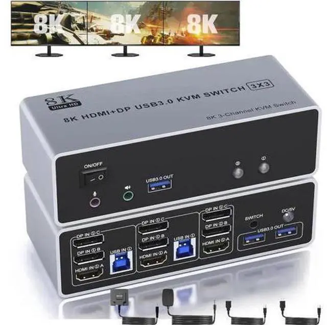 Main image of 2 Port Triple Monitor 1HDMI+2DP KVM Switch, 8K@60Hz 4K@144Hz USB3.0 KVM Switcher with Audio & Mic, 3 USB Ports for 2 PCs Share 3 Displays, Support Extend & Mirror Mode