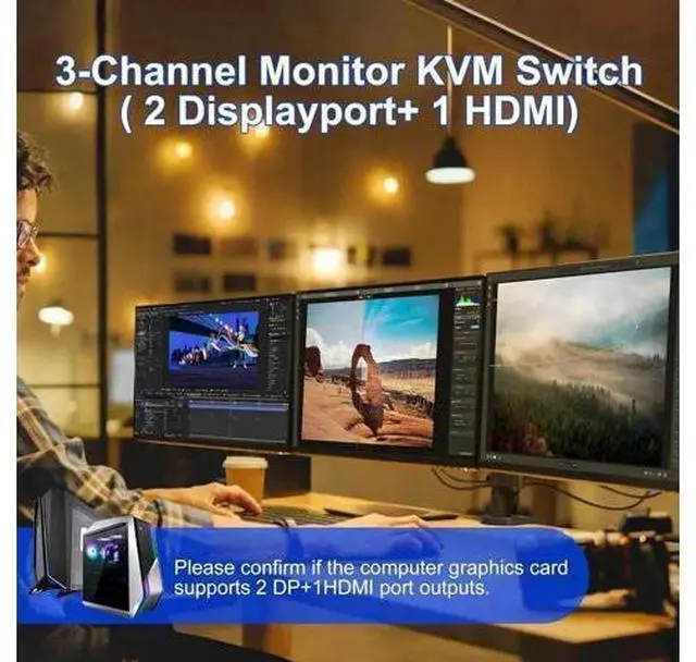 Alt view image 4 of 7 - 2 Port Triple Monitor 1HDMI+2DP KVM Switch, 8K@60Hz 4K@144Hz USB3.0 KVM Switcher with Audio & Mic, 3 USB Ports for 2 PCs Share 3 Displays, Support Extend & Mirror Mode