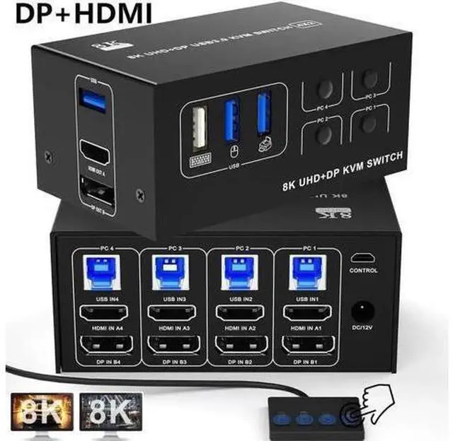 Main image of 4-Port HDMI+DP Dual Monitor KVM Switch, 8K@60Hz 4K@120Hz, USB3.0, Desktop Controller Included