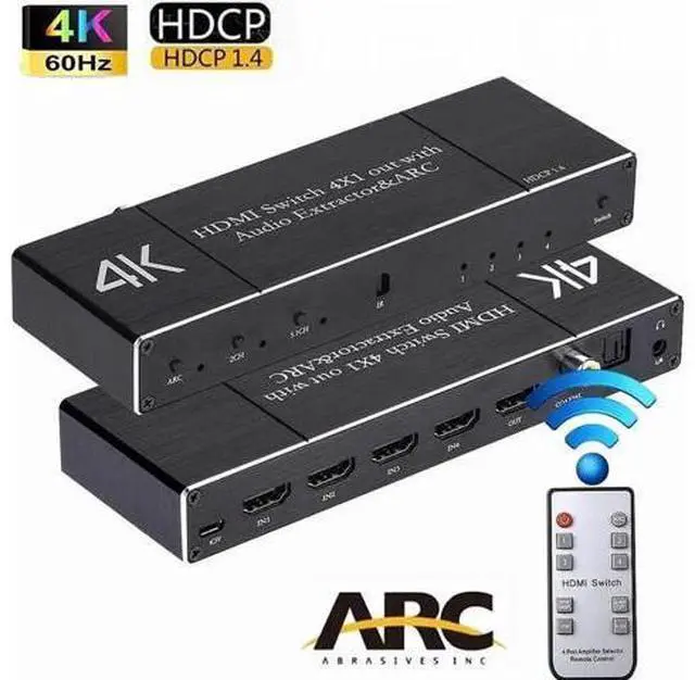 Main image of 4 Port 4×1 HDMI 2.0 Switch with IR Remote & Audio Extractor 4K@60Hz 18Gbps ARC HDR10 HDCP2.2 RGB4:4:4 3D Video Splitter Converter Model OZQ7