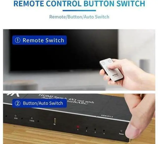 Alt view image 6 of 7 - 4 Port 4×1 HDMI 2.0 Switch with IR Remote & Audio Extractor 4K@60Hz 18Gbps ARC HDR10 HDCP2.2 RGB4:4:4 3D Video Splitter Converter Model OZQ7