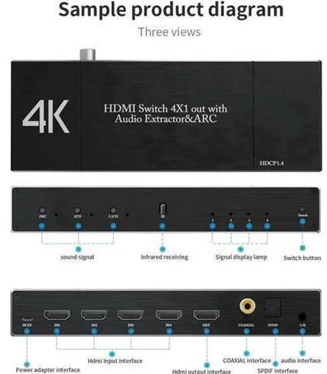 Alt view image 5 of 7 - 4 Port 4×1 HDMI 2.0 Switch with IR Remote & Audio Extractor 4K@60Hz 18Gbps ARC HDR10 HDCP2.2 RGB4:4:4 3D Video Splitter Converter Model OZQ7