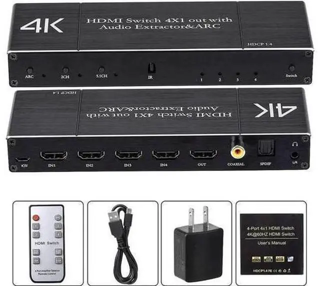 Alt view image 7 of 7 - 4 Port 4×1 HDMI 2.0 Switch with IR Remote & Audio Extractor 4K@60Hz 18Gbps ARC HDR10 HDCP2.2 RGB4:4:4 3D Video Splitter Converter Model OZQ7