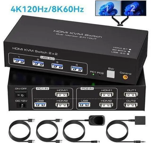 Main image of Dual Monitor HDMI KVM Switch 2 Computers, 8K@60Hz 4K@120Hz USB 3.0 KVM Switcher with 4 USB Ports, Wired Remote, 12V Power Adapter & 2 USB Cables