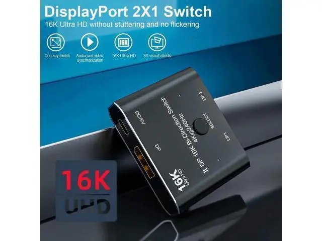 Alt view image 2 of 7 - Bi-Directional DisplayPort Switch Splitter Hub 2 in 1 Out 16K@60Hz 4K@240Hz SST HDCP Video Converter Adapter