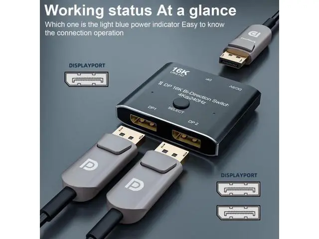 Alt view image 3 of 7 - Bi-Directional DisplayPort Switch Splitter Hub 2 in 1 Out 16K@60Hz 4K@240Hz SST HDCP Video Converter Adapter
