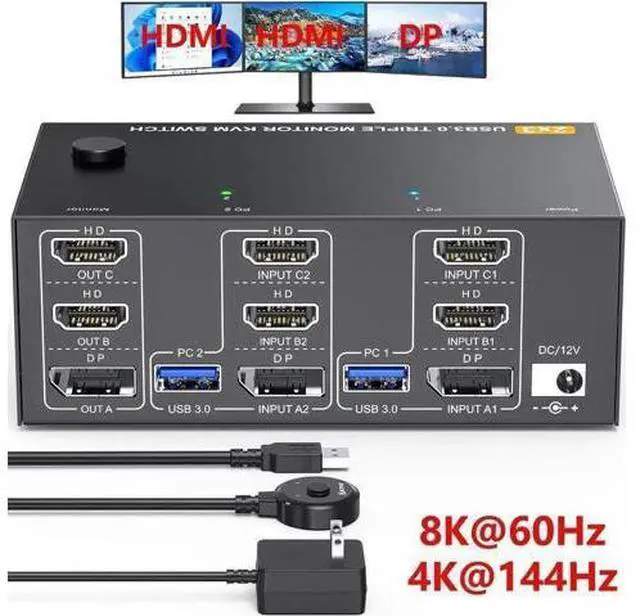 Main image of 2 Port Triple Monitor 2HDMI+DP KVM Switch 2 In 3 Out, 8K@60Hz 4K@144Hz USB3.0 KVM Switcher with USB3.0 Cables & Wired Remote Controller for 2 PCs Share 3 Extended Displays
