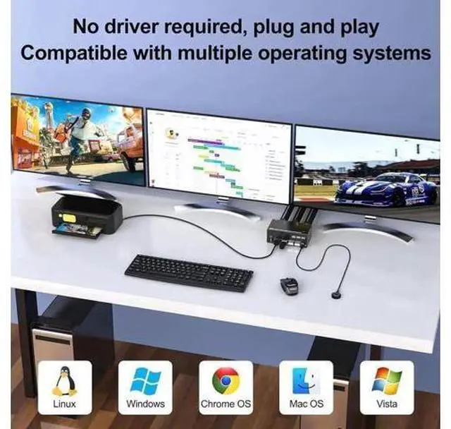 Alt view image 5 of 7 - 2 Port Triple Monitor 2HDMI+DP KVM Switch 2 In 3 Out, 8K@60Hz 4K@144Hz USB3.0 KVM Switcher with USB3.0 Cables & Wired Remote Controller for 2 PCs Share 3 Extended Displays