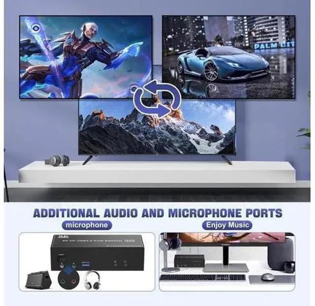Alt view image 2 of 7 - 2PC Triple Monitor DP USB3.0 KVM Switch 8K@60Hz, With Audio & 3 USB3.0 Ports