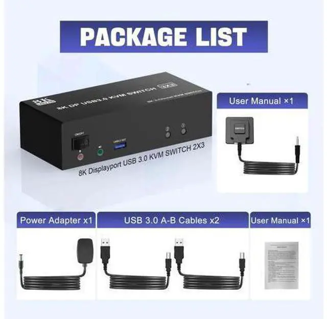 Alt view image 3 of 7 - 2PC Triple Monitor DP USB3.0 KVM Switch 8K@60Hz, With Audio & 3 USB3.0 Ports