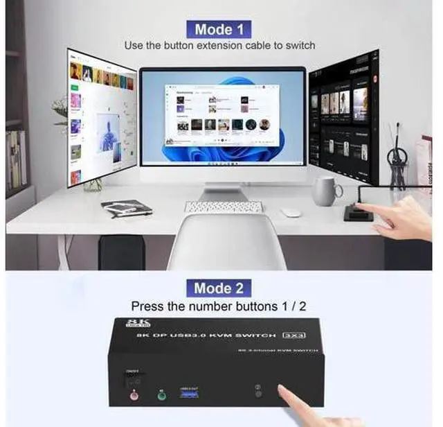 Alt view image 5 of 7 - 2PC Triple Monitor DP USB3.0 KVM Switch 8K@60Hz, With Audio & 3 USB3.0 Ports