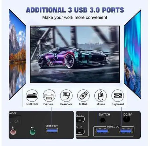 Alt view image 6 of 7 - 2PC Triple Monitor DP USB3.0 KVM Switch 8K@60Hz, With Audio & 3 USB3.0 Ports