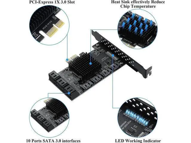 Alt view image 7 of 7 - 10 Port PCIe X1 SATA 3.0 Expansion Card with ASM1166 Chip, 6Gbps Non-RAID SATA Controller Adapter, Low Profile Bracket & 10 SATA Cables Included