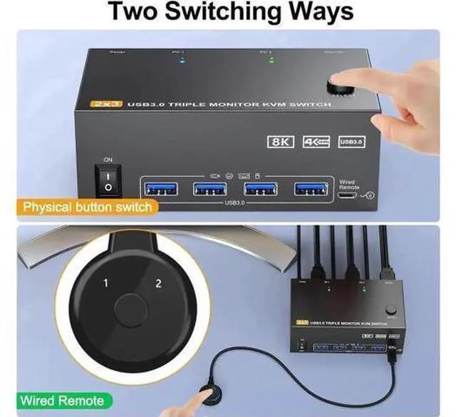 Alt view image 2 of 7 - 2 Port Triple Monitor 2HDMI+DP KVM Switch 2 In 3 Out, 8K@60Hz 4K@144Hz USB3.0 KVM Switcher with USB3.0 Cables & Wired Remote Controller for 2 PCs Share 3 Extended Displays