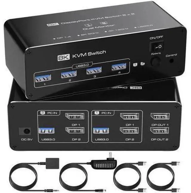 Main image of 2 Port Dual Monitor DP USB3.0 KVM Switch 8K@60Hz/4K@144Hz, 4 USB3.0 Ports, Support Extended & Mirrored Modes, Remote Controller & USB Cables Included for 2 PCs
