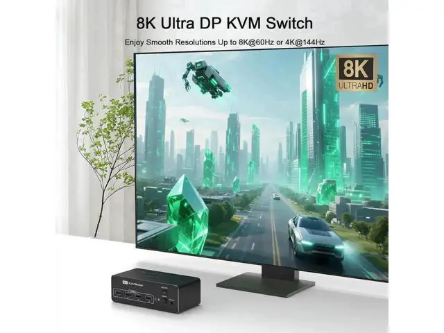 Alt view image 3 of 7 - 2 Port Dual Monitor DP USB3.0 KVM Switch 8K@60Hz/4K@144Hz, 4 USB3.0 Ports, Support Extended & Mirrored Modes, Remote Controller & USB Cables Included for 2 PCs