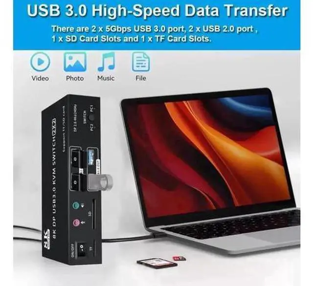 Alt view image 6 of 7 - 2x2 DP 2.0 Dual Monitor KVM Switch 8K@60Hz 4K@240Hz, 2 PCs Share 2 Displays, Audio Mic, 4 USB Ports & SD/TF Card Reader