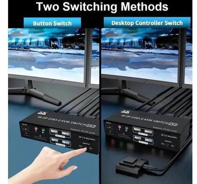 Alt view image 7 of 7 - 2x2 DP 2.0 Dual Monitor KVM Switch 8K@60Hz 4K@240Hz, 2 PCs Share 2 Displays, Audio Mic, 4 USB Ports & SD/TF Card Reader