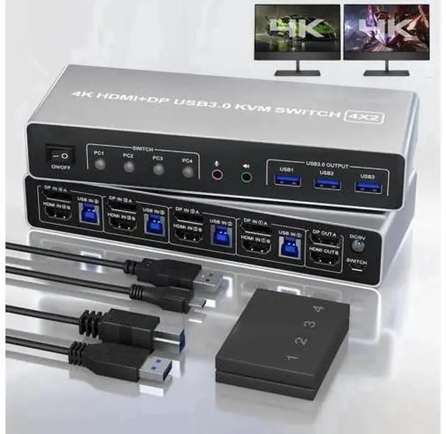 Main image of 4 Port Hybrid HDMI+DP Dual Monitor KVM Switch 4 In 2 Out, 4K@60Hz USB3.0 KVM Switcher with Audio & Mic, 3 USB 3.0 Ports for 4 PCs Share 2 Displays Keyboard Mouse