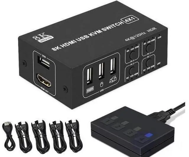 Main image of 4X1 4 Port HDMI KVM Switch 8K@60Hz 4K@120Hz, 4 In 1 Out USB KVM Switcher for 4 PCs Share Single Monitor, Come with 4 USB Cables & Power Cable