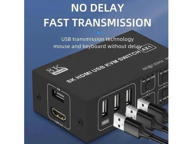 Alt view image 2 of 7 - 4X1 4 Port HDMI KVM Switch 8K@60Hz 4K@120Hz, 4 In 1 Out USB KVM Switcher for 4 PCs Share Single Monitor, Come with 4 USB Cables & Power Cable